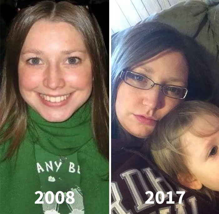 Internautas estão postando fotos de antes/depois de se tornarem pais e mães