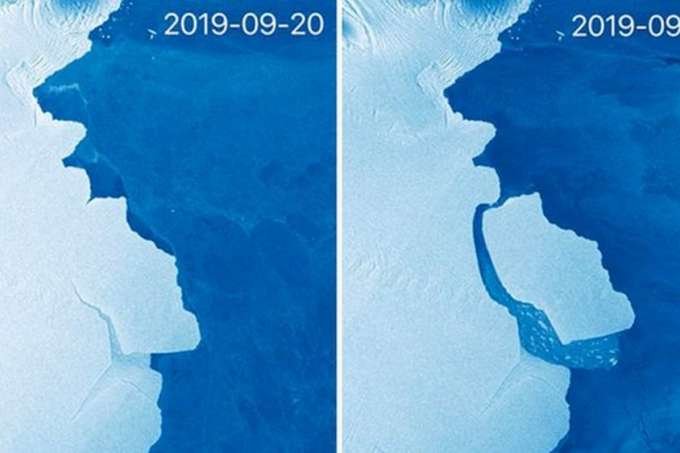 Foto do satélite europeu mostra o desprendimento do bloco de gelo. (Fonte: Copernicus/Divulgação)