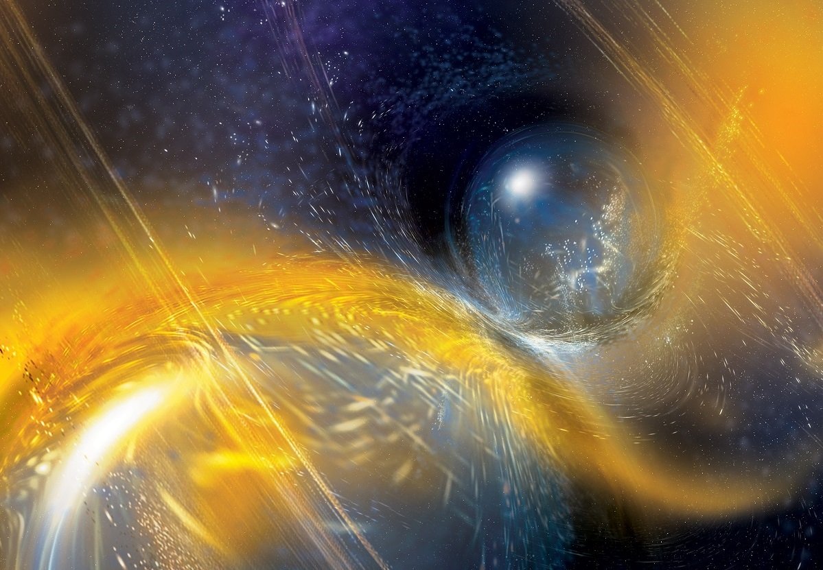 Ilustração: fusão de duas estrelas de nêutrons