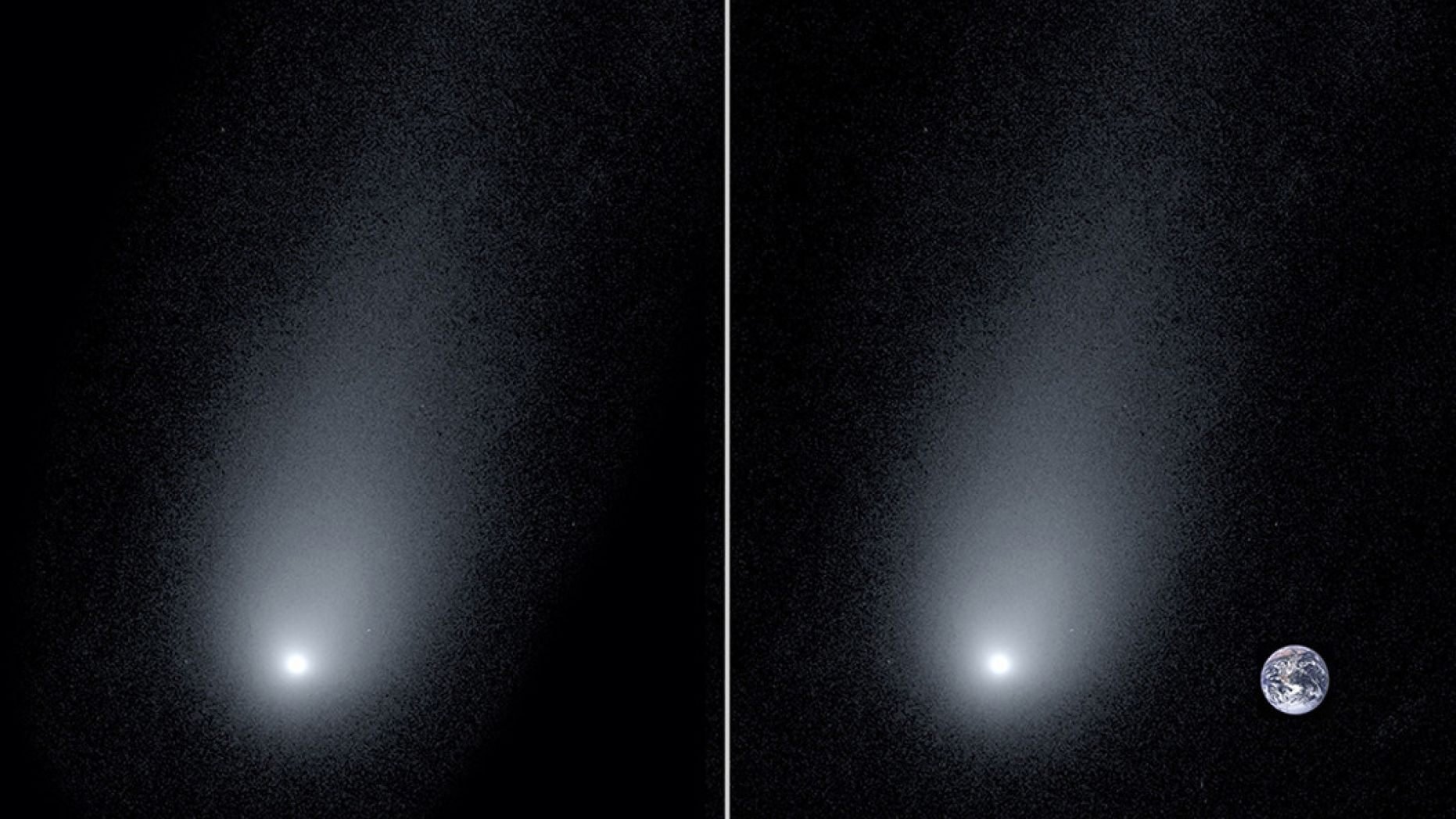 Imagem do cometa interestelar Borisov e uma comparação de seu tamanho com o da Terra