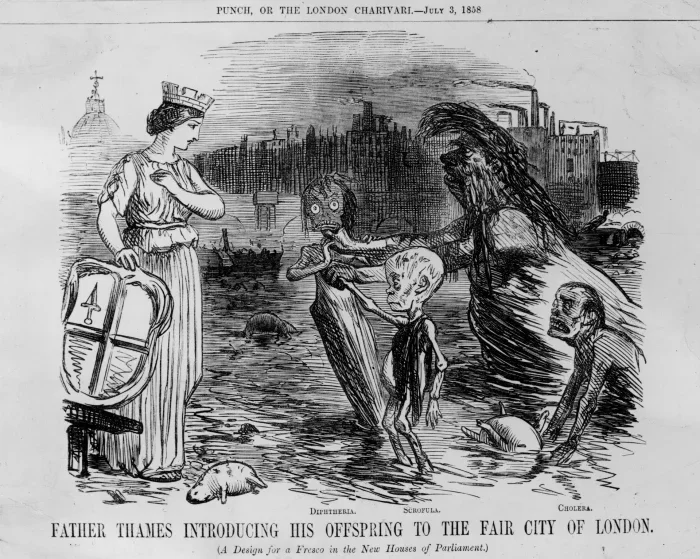 Sátira mostrando o rio Tamisa e sua prole de cólera, escrócula e difteria, por volta de 1858. (Fonte: Hulton Archive/Getty Images)