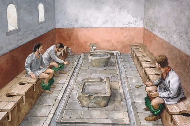 Imagem mostrando como era um banheiro público romano (Fonte: Reprodução)