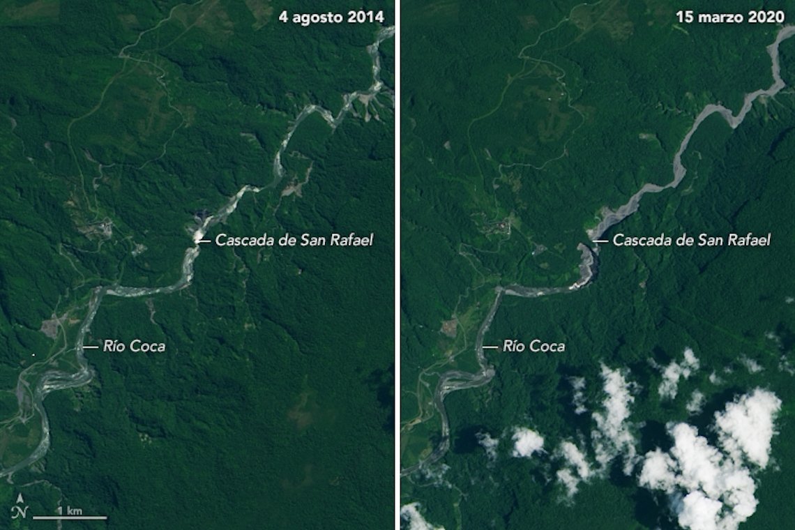Imagem comparativa entre antes e depois do desaparecimento da cachoeira