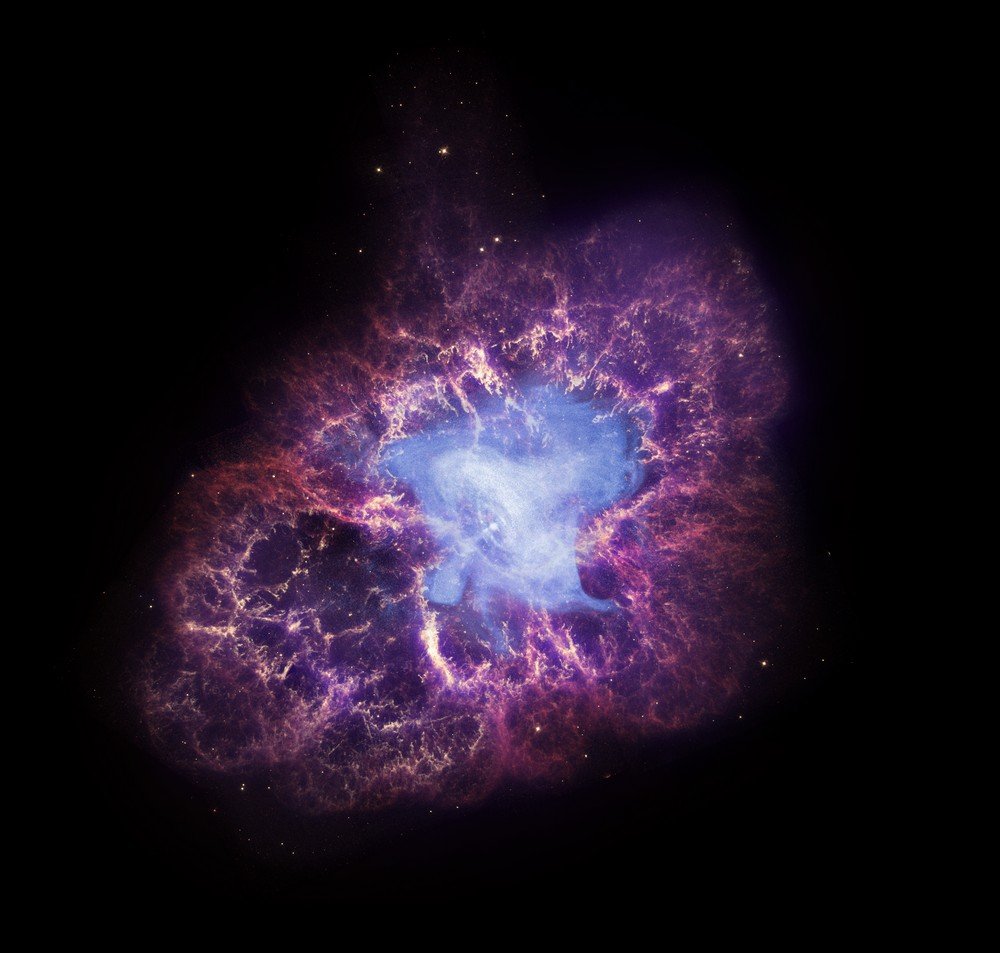 Uma supernova, observada na Terra em 1054, produziu uma estrela de nêutrons, lançando jatos de dentro do campo de detritos conhecido como Nebulosa do Caranguejo.