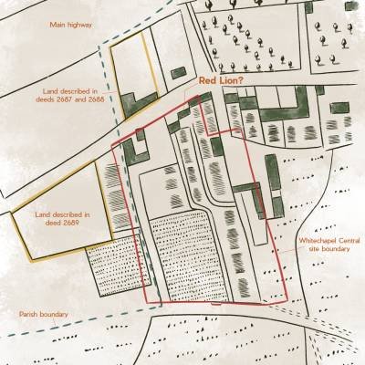 Mapa de 1703 com a possível localização do teatro. (Fonte: Archaeology South-East - UCL)