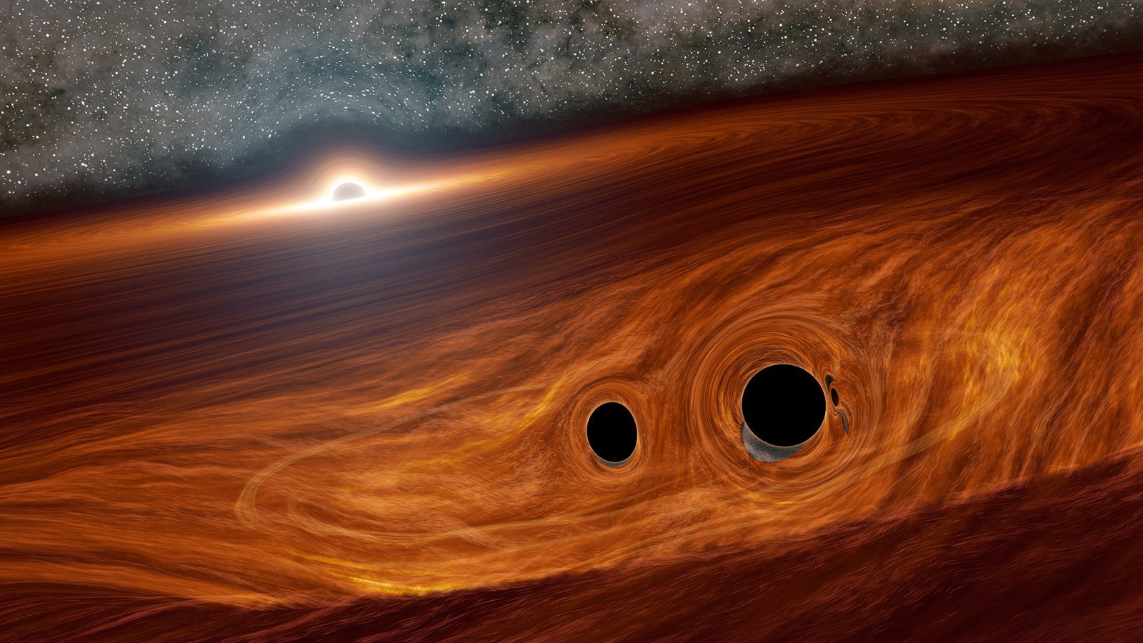 Conceito visual de um buraco negro supermassivo e seu disco circundante de gás. Embutidos neste disco estão dois buracos negros menores em órbita.
