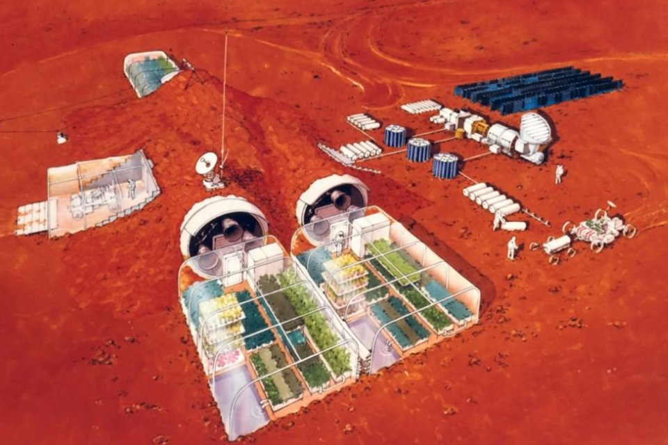 Arte conceitual da montagem das atividades humanas em Marte.