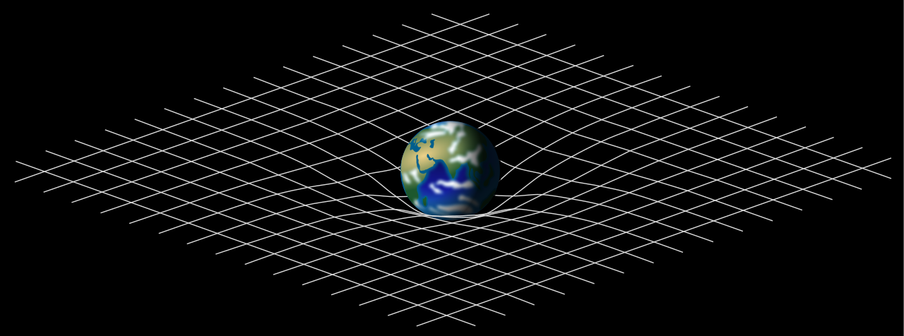 Modelo da deformação no espaço-tempo causada pela massa planetária descrito na teoria da relatividade (Fonte: Wikimedia Commons/Reprodução)