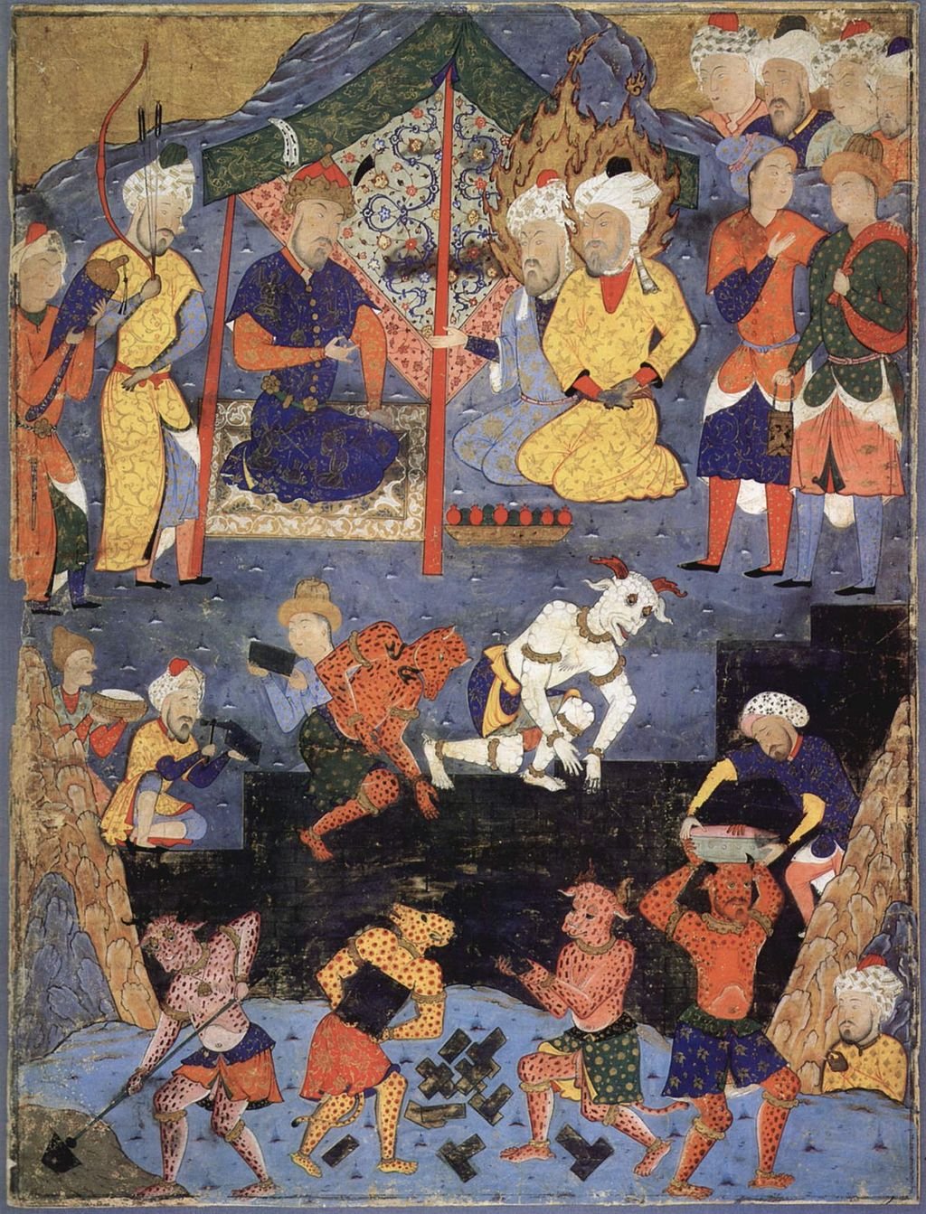 Miniatura persa do século XVI mostrando os jinn ajudando na construção de um muro. (Fonte: Wikimedia Commons)dando humanos