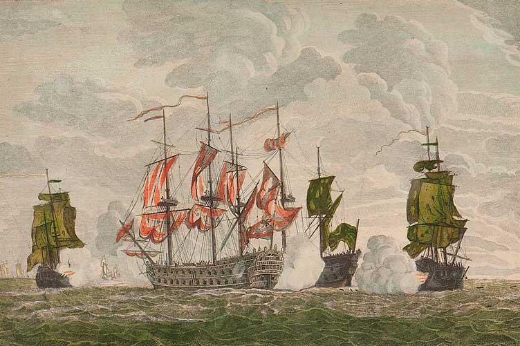 Gravura de uma batalha de soldados ingleses e franceses contra piratas. (Fonte: Wikimedia Commons)