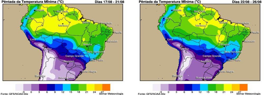 Previsão da temperatura mínima em parte da América do Sul entre o período de 17/08 e 26/08
