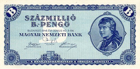 A nota de 100 milhões de b-pengo (ou 100 quintilhões de pengo) é considerada a maior nota da história (Fonte: Wikimedia Commons)
