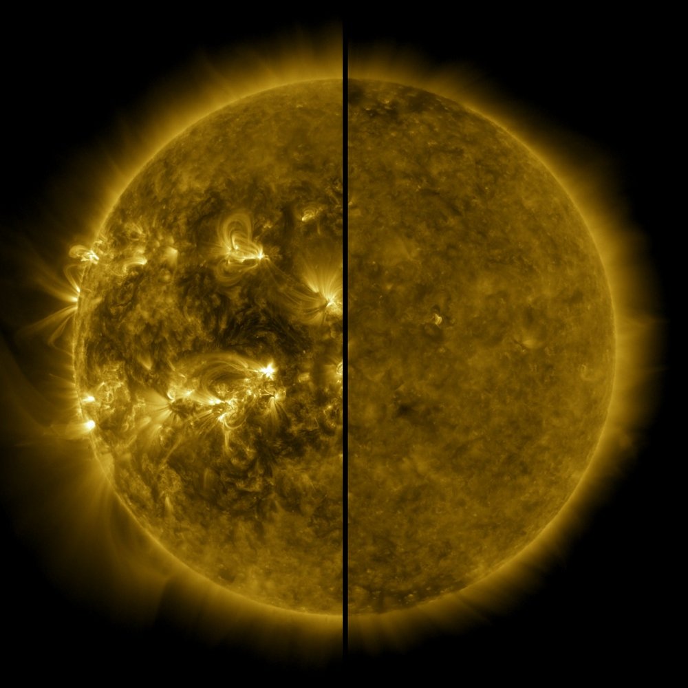Os dois estados do Sol: à esquerda, o máximo solar (abril de 2014) e o mínimo (dezembro de 2019), à direita.