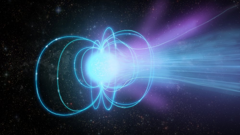 Concepção artística de um magnetar emitindo uma explosão de radiação.