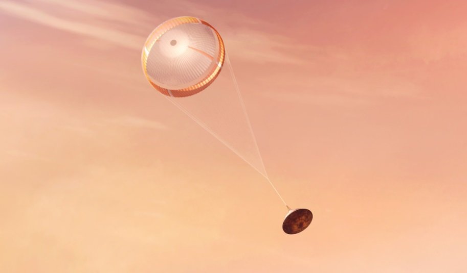Uma ilustração da Perseverance entrando em Marte e ativando o paraquedas.