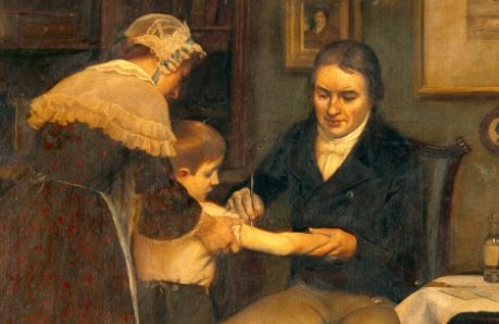 A inoculação da varíola, em desenho já feito com o procedimento de Jenner.