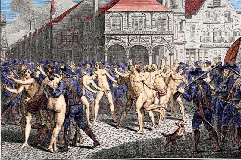 Adamistas dançando pelados pelas ruas de Amsterdã, em pintura de François Morellon de la Cave (Fonte: Wikimedia Commons)