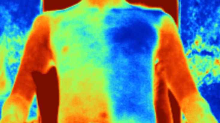 Com a câmera infravermelha, é possível ver o contraste das temperaturas. À direita, o usuário está com uma temperatura menor, indicada pela parte azul. (Fonte: S. ZHENG, ET. AL., SCIENCE/Reprodução)