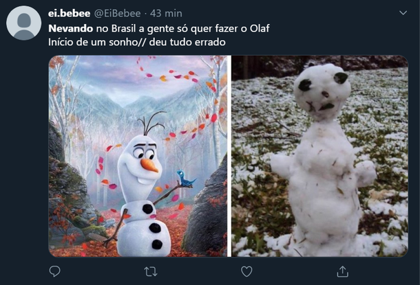 Com falta de matéria-prima adequada, os brasileiros acabam criando versões curiosas do tradicional boneco de neve. (Fonte: Twitter/Reprodução)