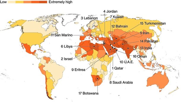 A maioria dos países está no Oriente Médio, Ásia Central ou norte da África. (Fonte: Bloomberg/Reprodução)