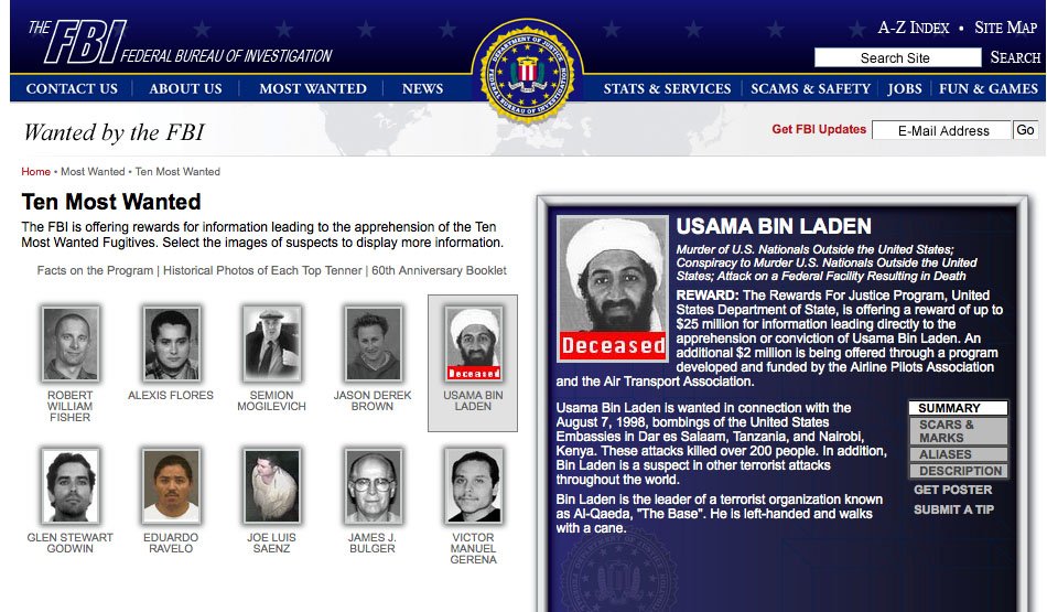 Site do FBI aponta a morte de Osama Bin Laden. (Fonte: Wikimedia Commons)