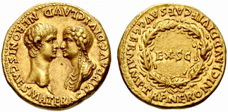 Moeda com rosto de Agripina e seu filho, Nero. (Fonte: Inaburra Senior Library/ Reprodução)