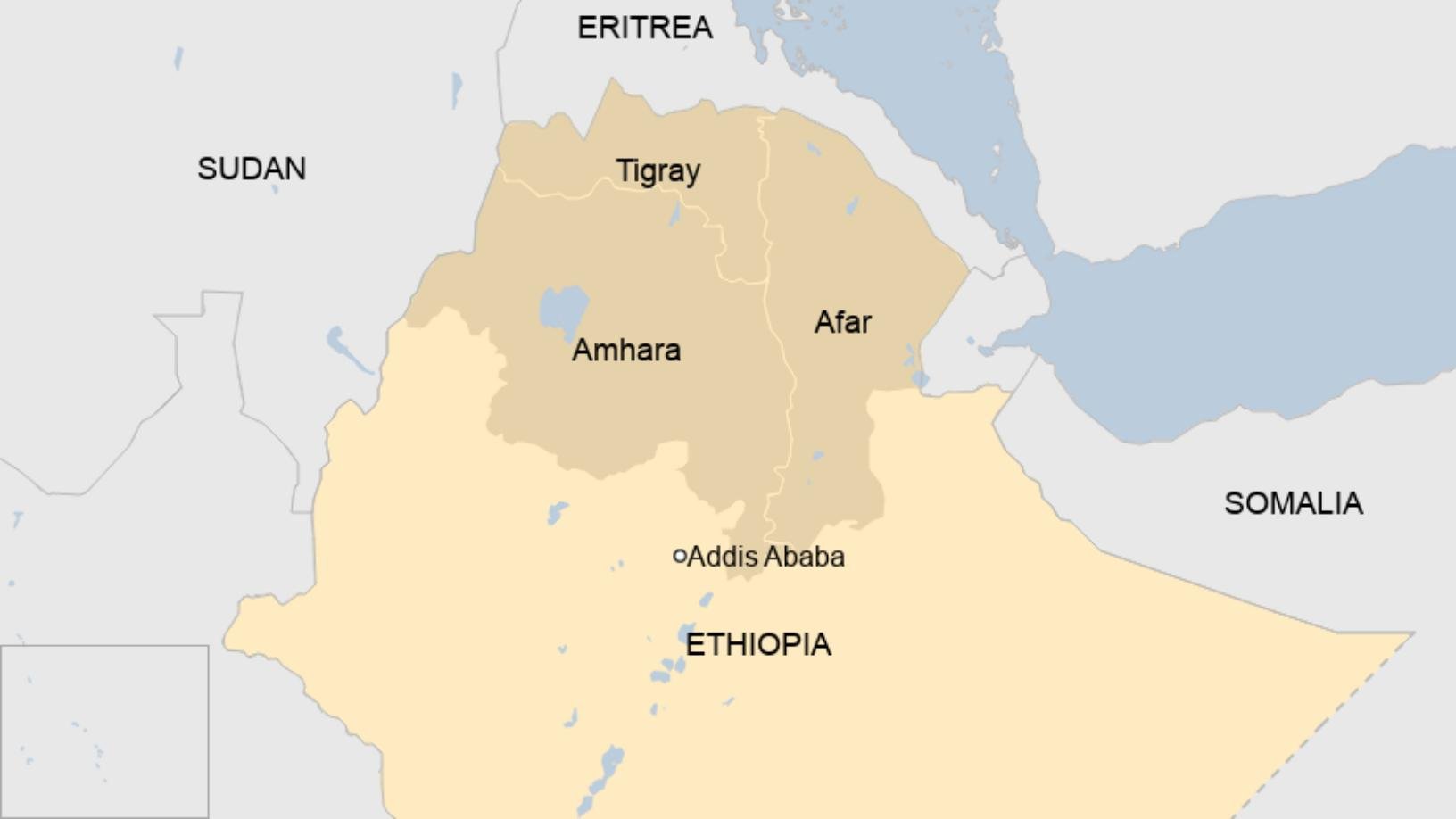 As regiões de Afar e Amhara parecem estar cada vez mais ameaçadas pelo governo de Ahmed. (Fonte: BBC/Reprodução)