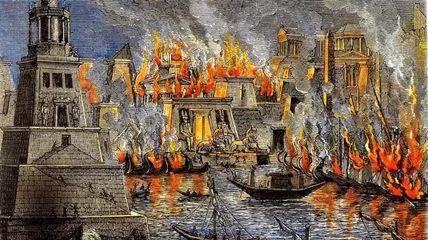 Representação da destruição da Biblioteca da Alexandria. (Fonte: Reprodução)
