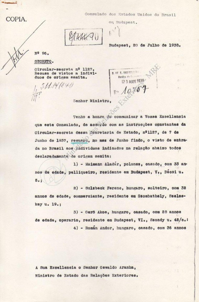 Documento secreto proibia judeus de entrarem no Brasil. (Fonte: Reprodução/ Domínio Público)