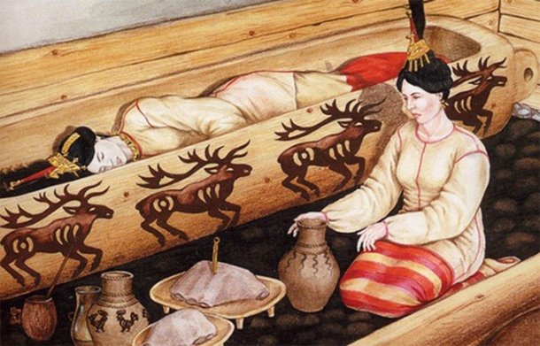 A reconstrução do enterro da Princesa do Gelo. (Fonte: Museu Nacional de Altai/ Reprodução)