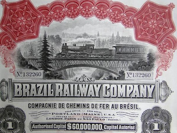 Apólice da Brazil Railway Company. (Fonte: Wikimedia Commons)