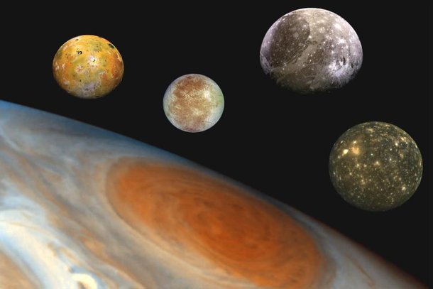 As quatro luas de Júpiter descobertas por Galileu. (Fonte: Wikimedia)