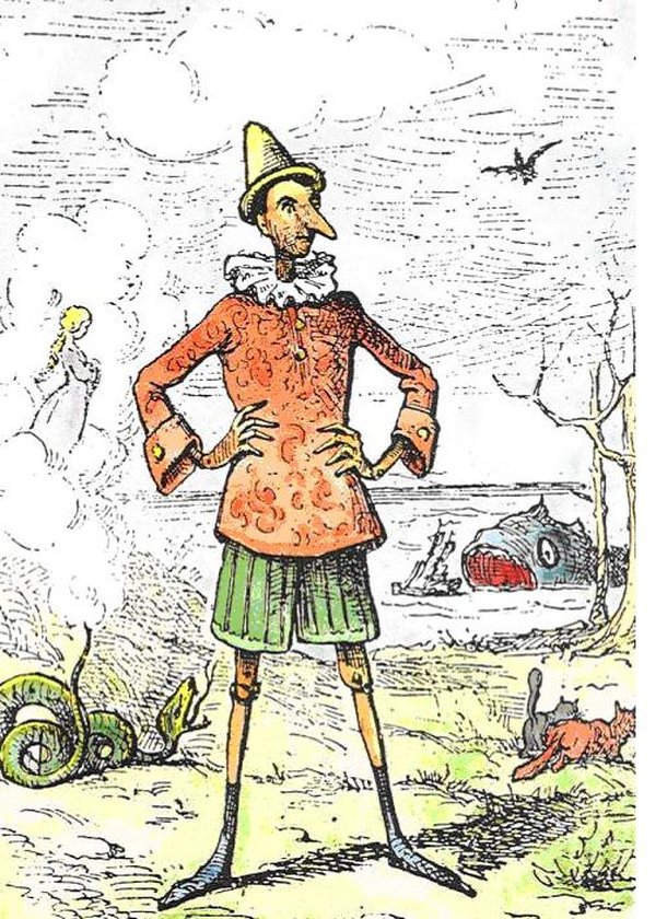 Ilustração de Enrico Mazzanti, na primeira edição de As Aventuras de Pinóquio. (Fonte: Wikimedia Commons)