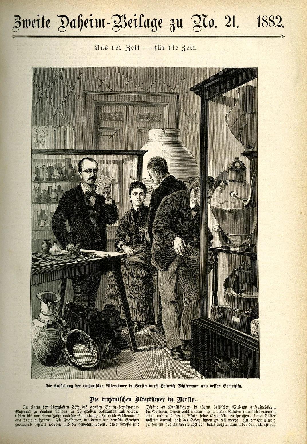 Desenho de Heinrich Schliemann e sua esposa expondo antiguidades troianas em Berlim, em 1882. (Fonte: Staatliche Museen zu Berlin/Museum für Vor- und Frühgeschichte)