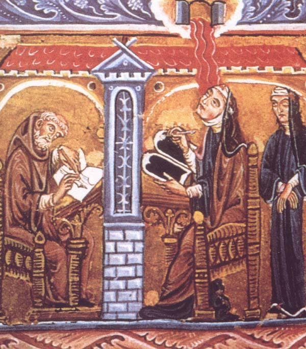 Hildegard escrevendo sob inspiração divina. (Fonte: Wikimedia Commons)