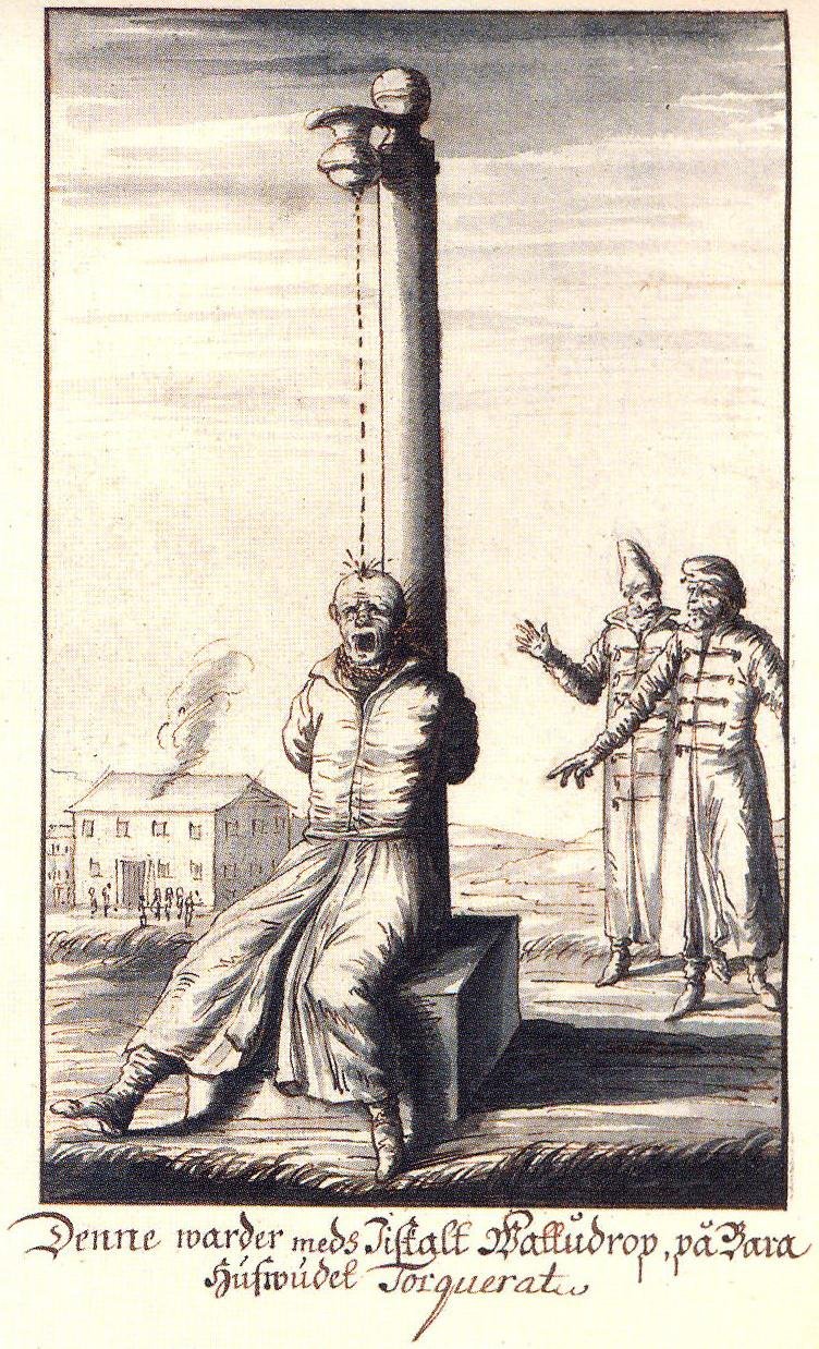 Representação sueca de 1674 retratando a tortura chinesa da água. (Fonte: Wikipedia/ Reprodução)