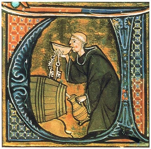 Ilustrações de monges consumindo álcool que podemos ver hoje em rótulos de bebidas já eram presentes em manuscritos da era medieval. (Fonte: Wikimedia)