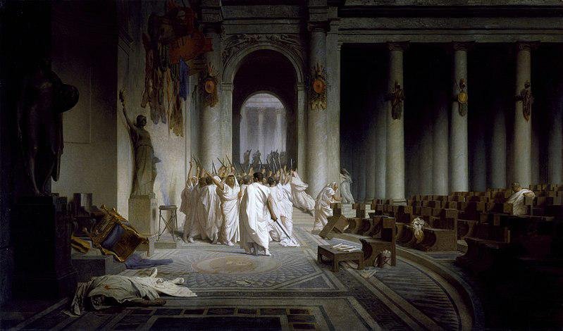 A morte de César no Teatro Pompeu. (Fonte: Wikipedia/ Reprodução)