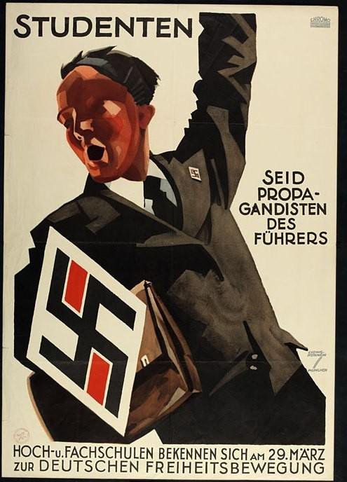 Cartaz: "Estudantes/Seja os propagandistas do Führer." Com apelos militantes ao nacionalismo, liberdade e auto-sacrifício. (Fonte: Library of Congress/ Holocaust Museum/ Reprodução)