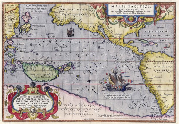 O mapa de Abraham Ortelius (1589) é uma das primeiras representações do Oceano Pacífico. (Fonte: Wikimedia)