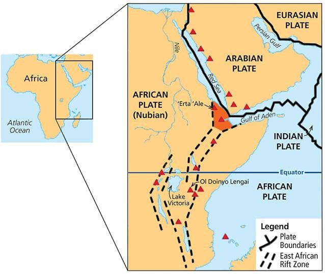A Placa Arábica , e as duas partes da Placa Africana (a Núbia e a Somália) dividindo-se ao longo da Zona do Rift da África Oriental.