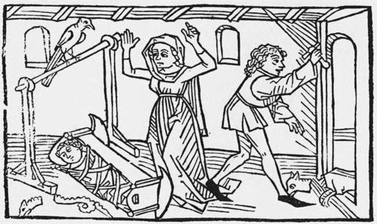 Gravura ilustra os senhores do castelo abatendo o cão Guinefort, que defendeu seu bebê do ataque de uma cobra. (Foto: Amusing Planet/Reprodução)