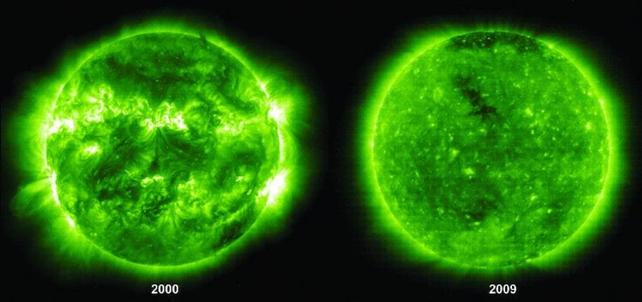 Comparação entre um período de máxima solar (lado esquerdo) e um de mínimo solar (à direita). Fonte: Shutterstock