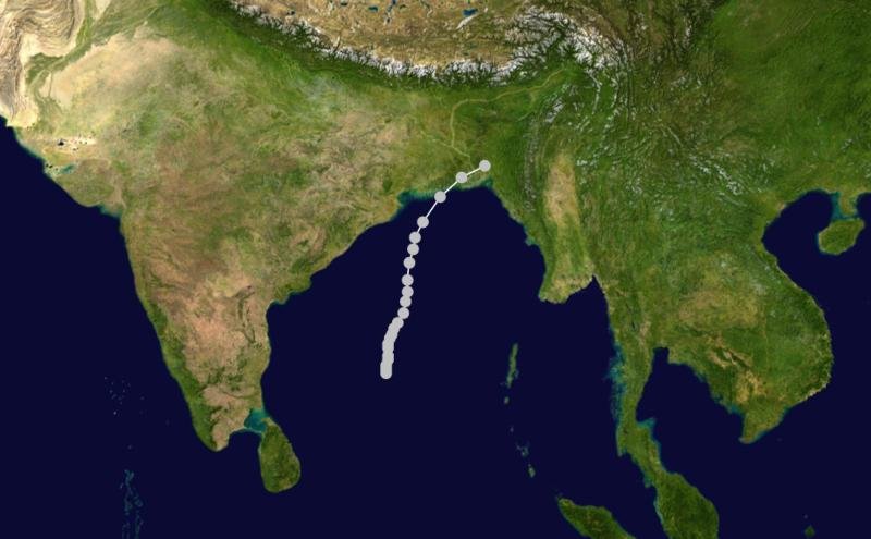 Mapa traçando a trilha e a intensidade do Ciclone de Bhola.