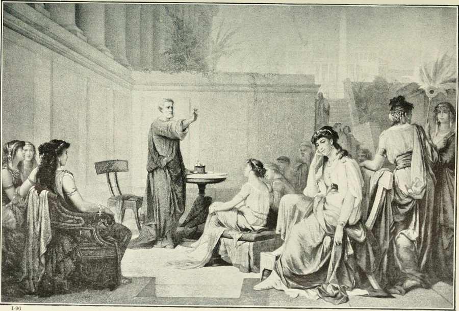 Pitágoras ensinando uma classe de mulheres. (Fonte: Wikimedia Commons)