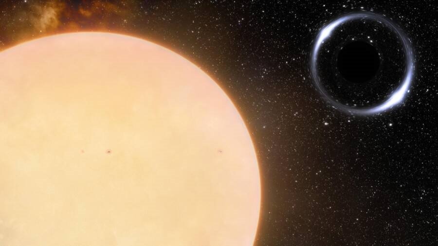 Ilustração do buraco negro conhecido mais próximo da Terra, orbitado por uma estrela similar ao nosso Sol e localizado a 1.600 anos-luz de distância