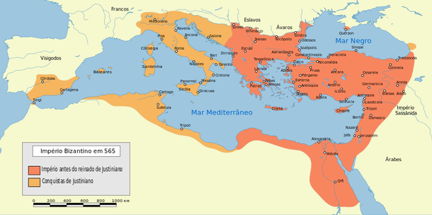 A conquista do Mediterrâneo ocorrida durante o império de Justiniano. (Fonte: Wikimedia/Reprodução)