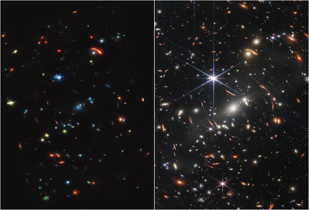 A imagem mostra a visão do universo obtida com infravermelho médio, na esquerda, e com infravermelho próximo, na direita, permitindo a comparação.  (Fonte: NASA/Reprodução)