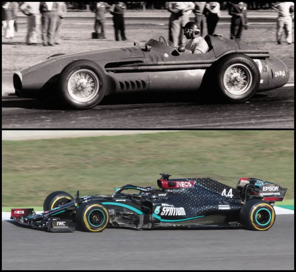 Diferença entre os carros pilotados por Juan Manuel Fangio entre 1954 e 1960 (acima), e por Lewis Hamilton em 2020 (abaixo). (Fonte: Wikimedia Commons)