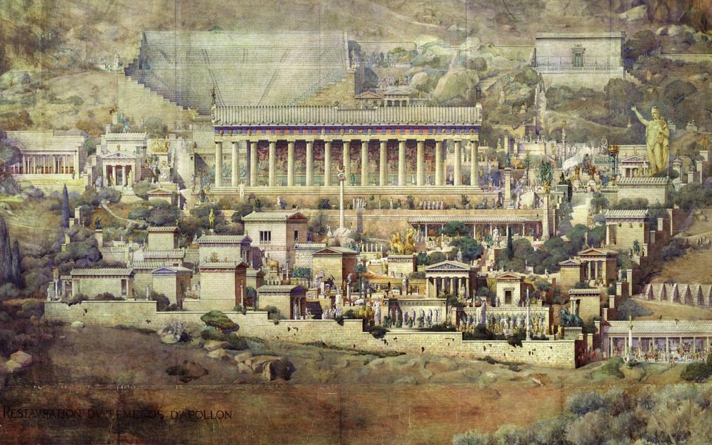 Ilustração de como era a cidade de Delfos no seu auge. (Fonte: Wikimedia Commons)